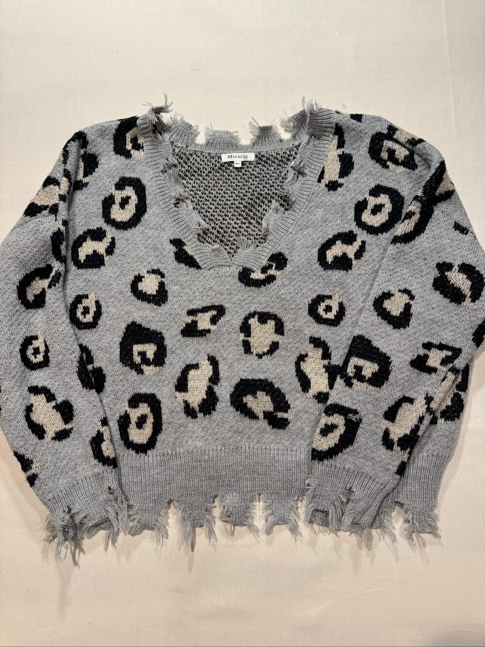 Women’s Miracle USA Distressed Leopard Print Sweater - Gray/Black - Size M/L